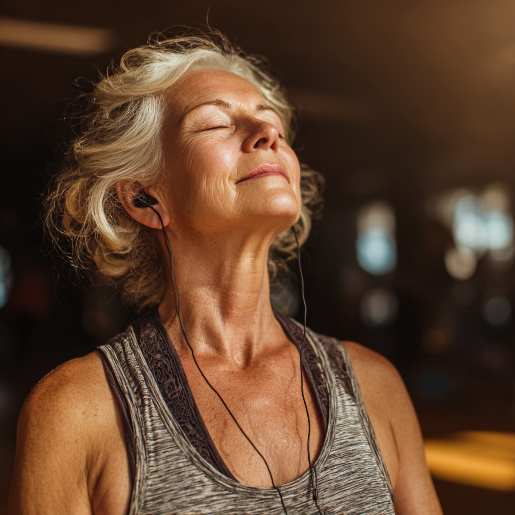 senior woman feeling peaceful and relaxed after yoga practice